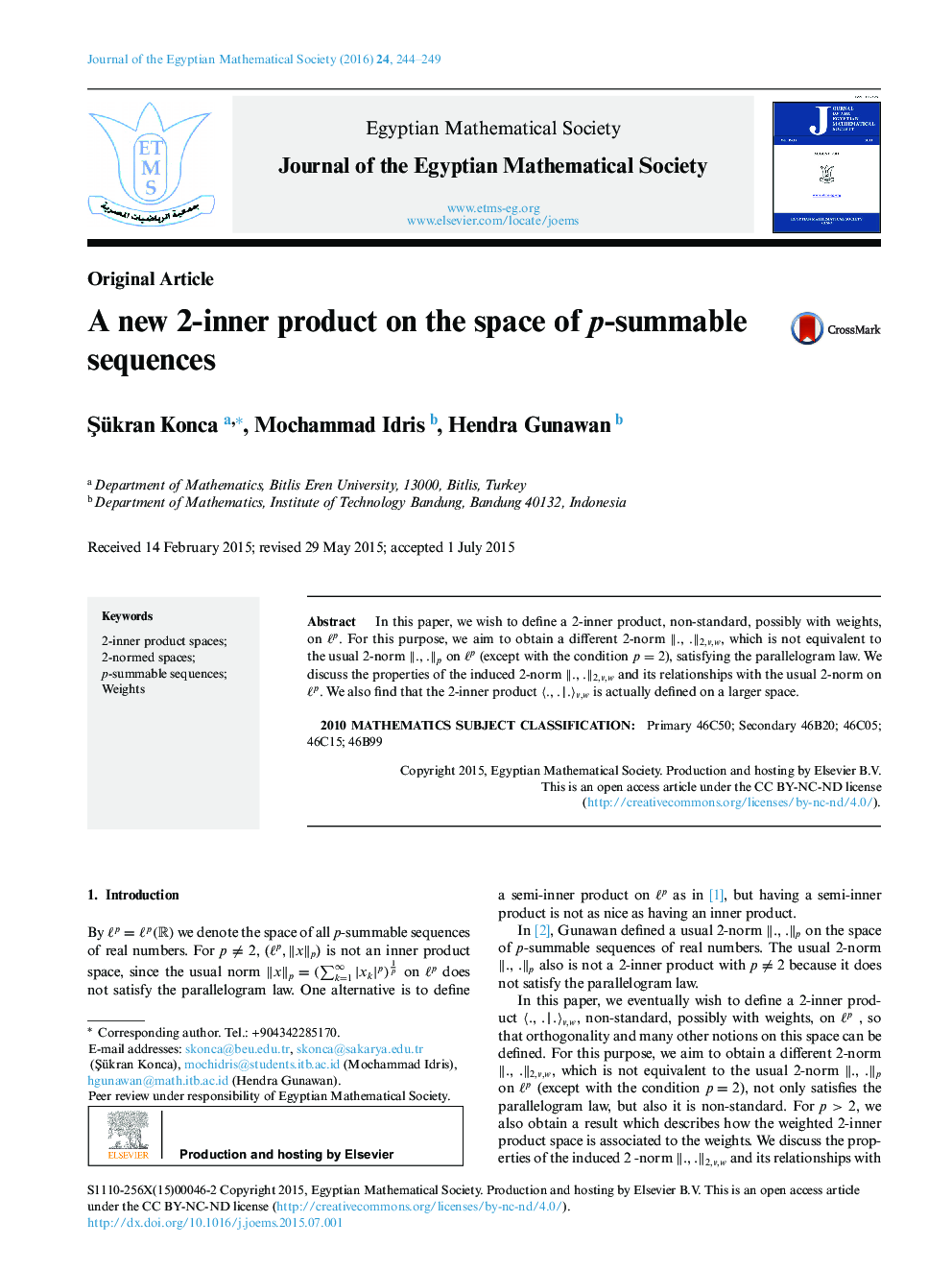 محصول جدید 2 درونی در فضای توالی p-summable