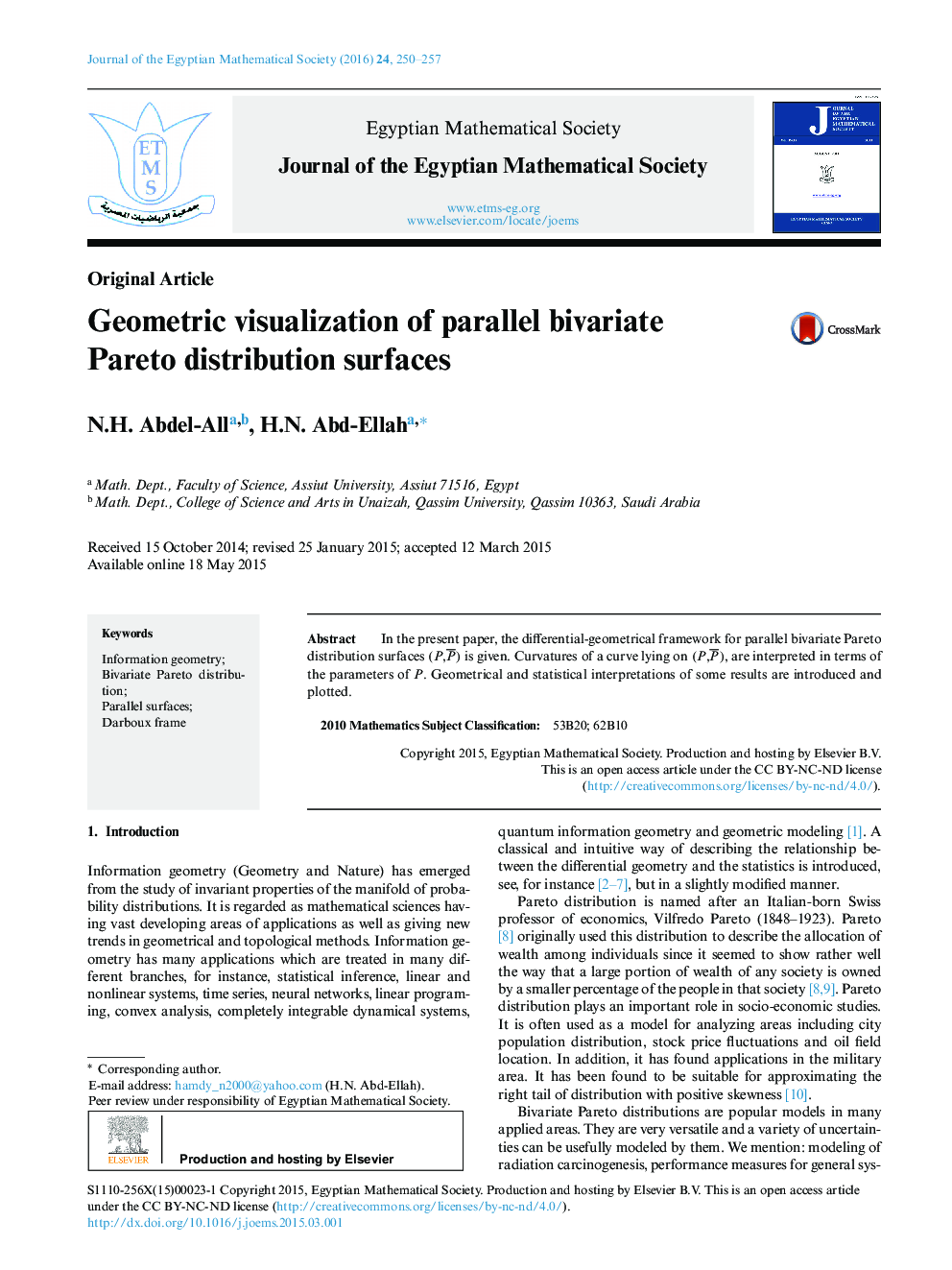 Geometric visualization of parallel bivariate Pareto distribution surfaces