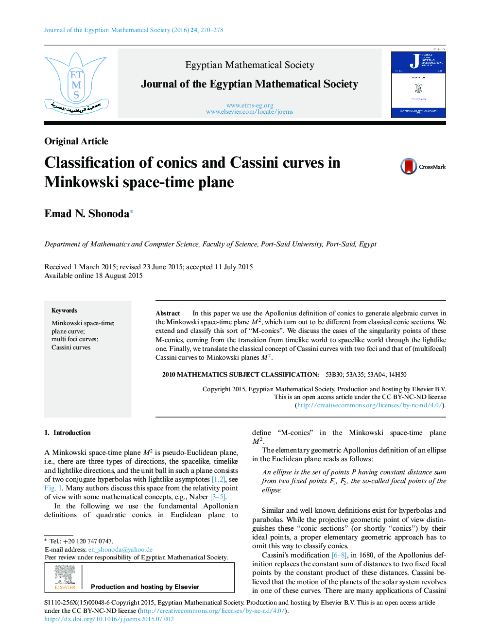 Classification of conics and Cassini curves in Minkowski space-time plane