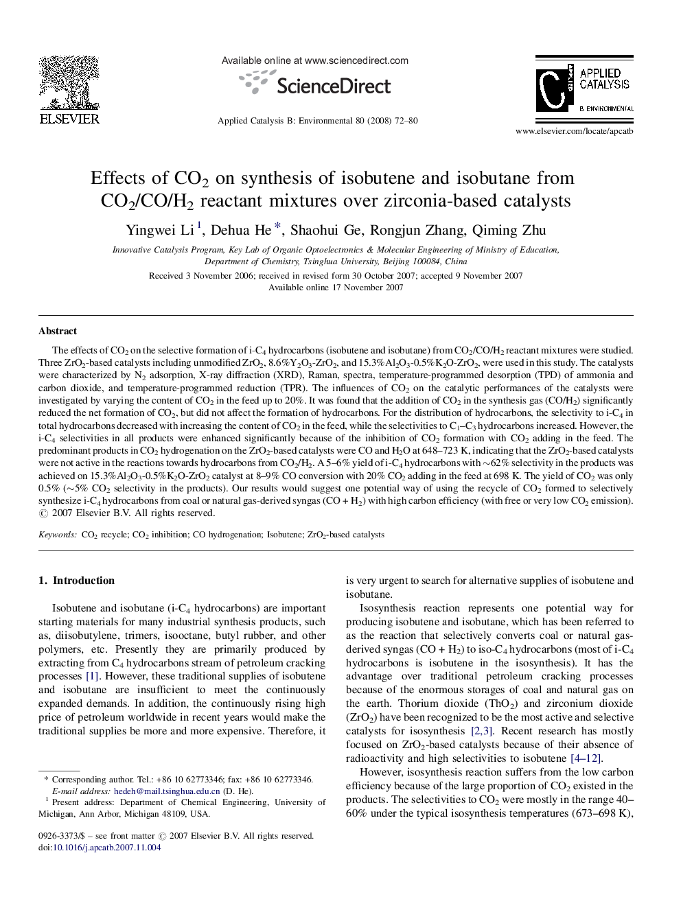 Effects of CO2 on synthesis of isobutene and isobutane from CO2/CO/H2 reactant mixtures over zirconia-based catalysts