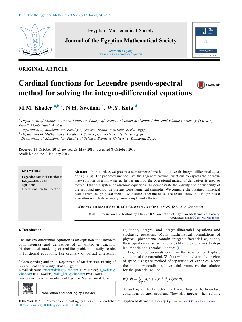 Cardinal functions for Legendre pseudo-spectral method for solving the integro-differential equations 