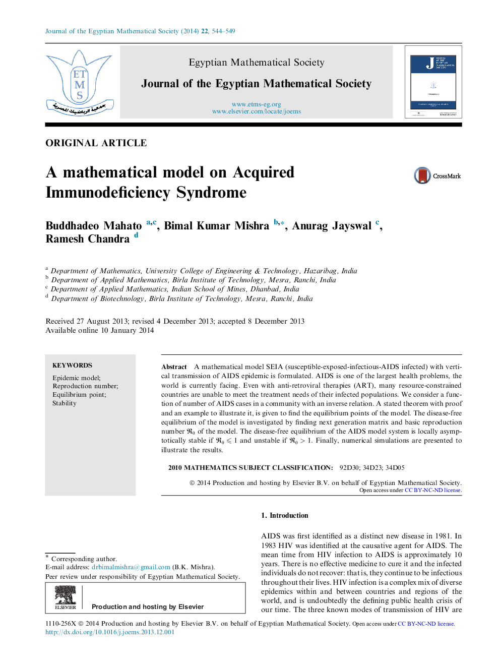 A mathematical model on Acquired Immunodeficiency Syndrome 