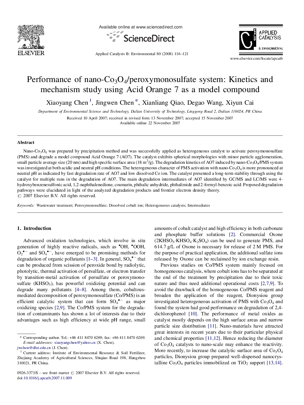 Performance of nano-Co3O4/peroxymonosulfate system: Kinetics and mechanism study using Acid Orange 7 as a model compound