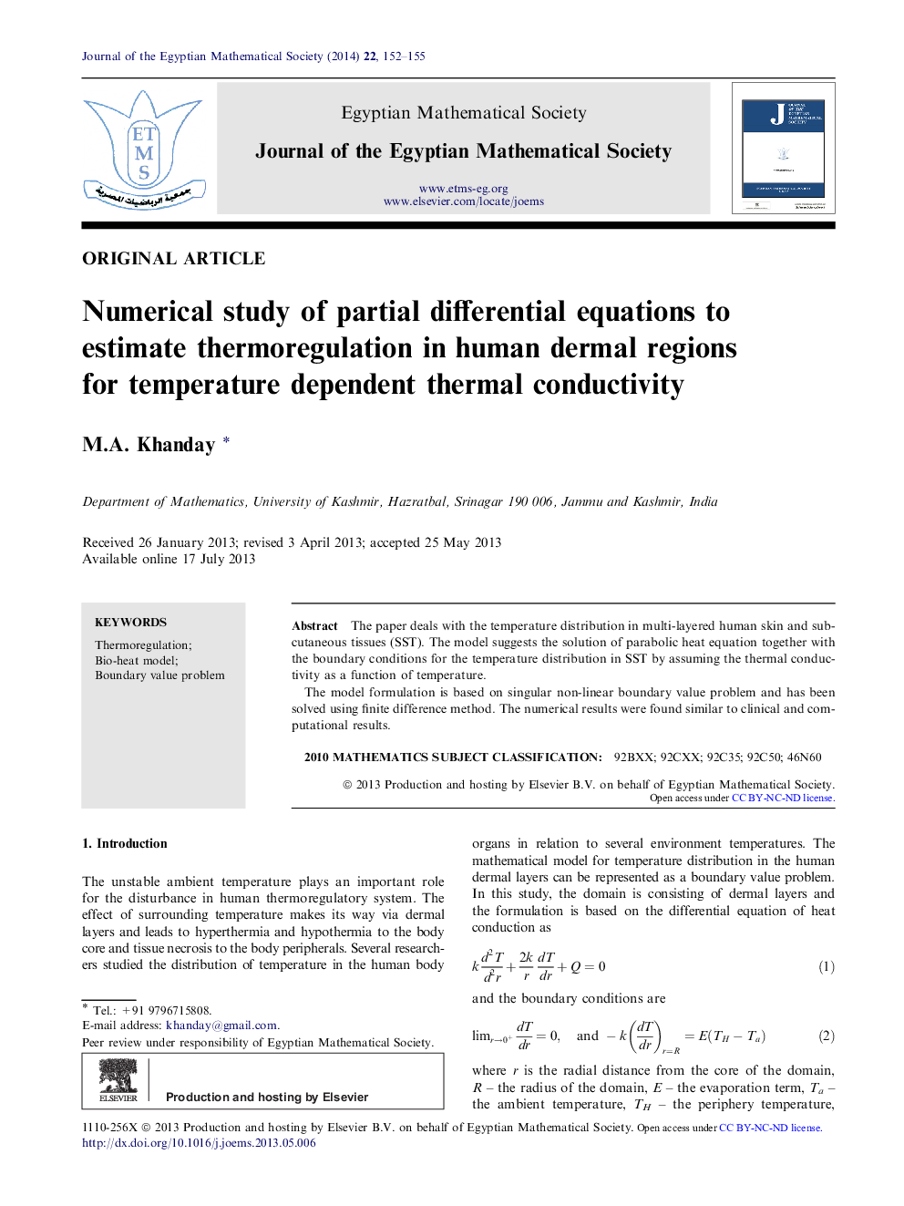 Numerical study of partial differential equations to estimate thermoregulation in human dermal regions for temperature dependent thermal conductivity 