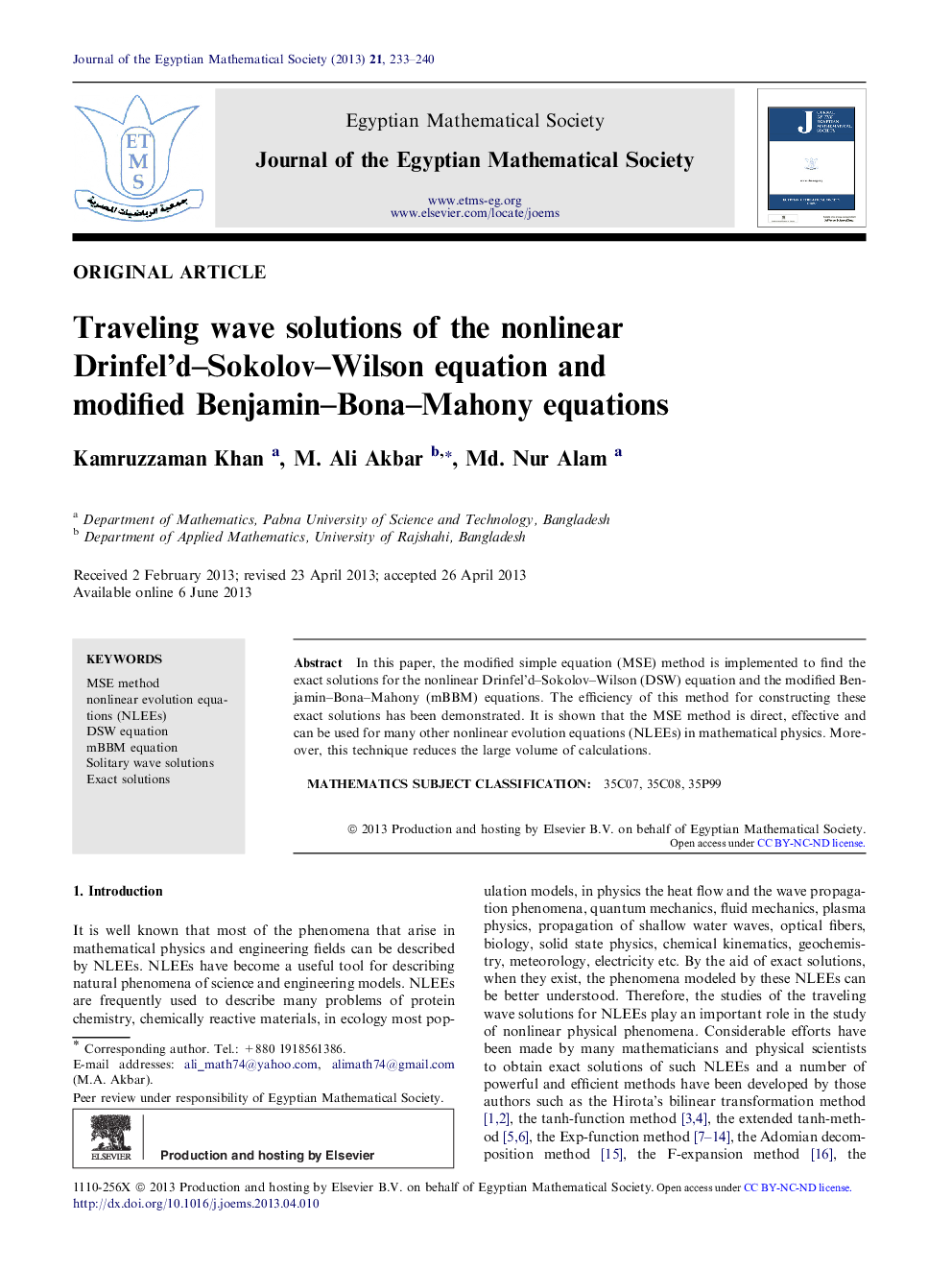 Traveling wave solutions of the nonlinear Drinfel’d–Sokolov–Wilson equation and modified Benjamin–Bona–Mahony equations 