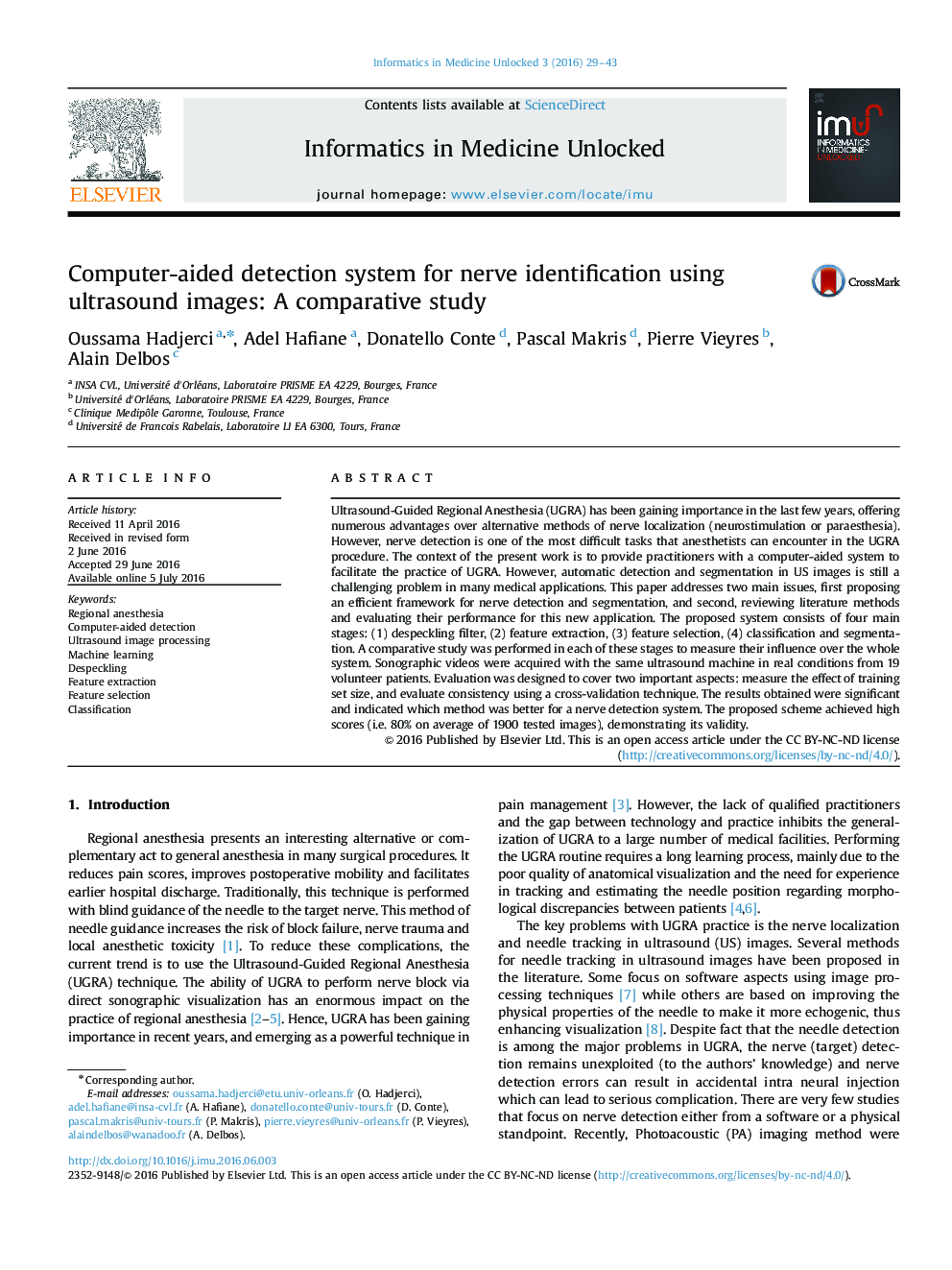 Computer-aided detection system for nerve identification using ultrasound images: A comparative study