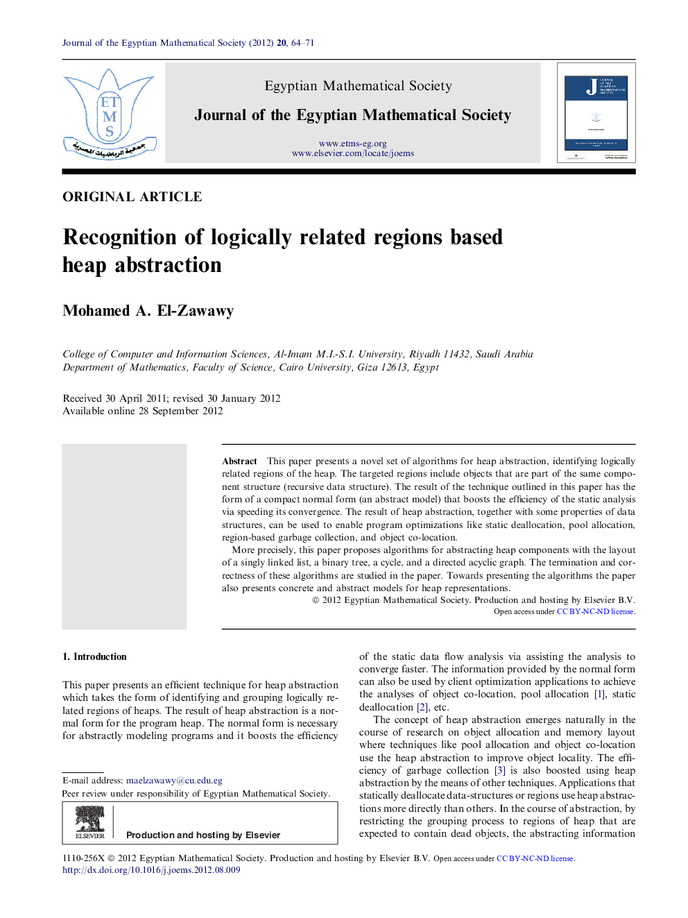 Recognition of logically related regions based heap abstraction 