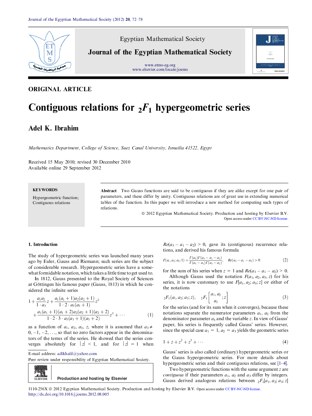 Contiguous relations for 2F1 hypergeometric series 