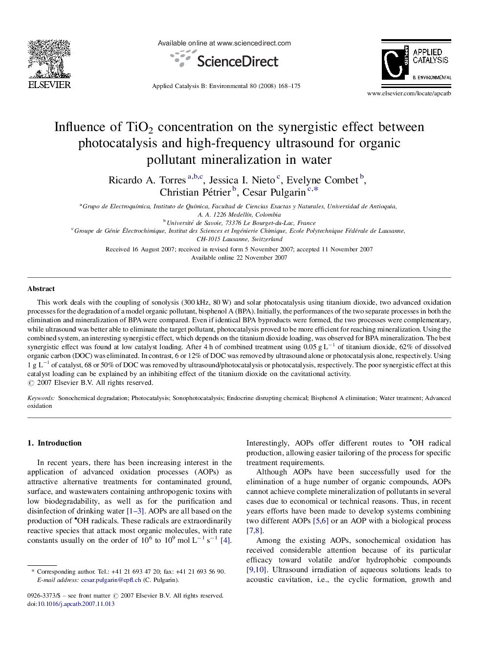 Influence of TiO2 concentration on the synergistic effect between photocatalysis and high-frequency ultrasound for organic pollutant mineralization in water