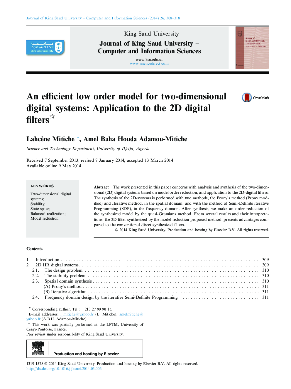 An efficient low order model for two-dimensional digital systems: Application to the 2D digital filters 