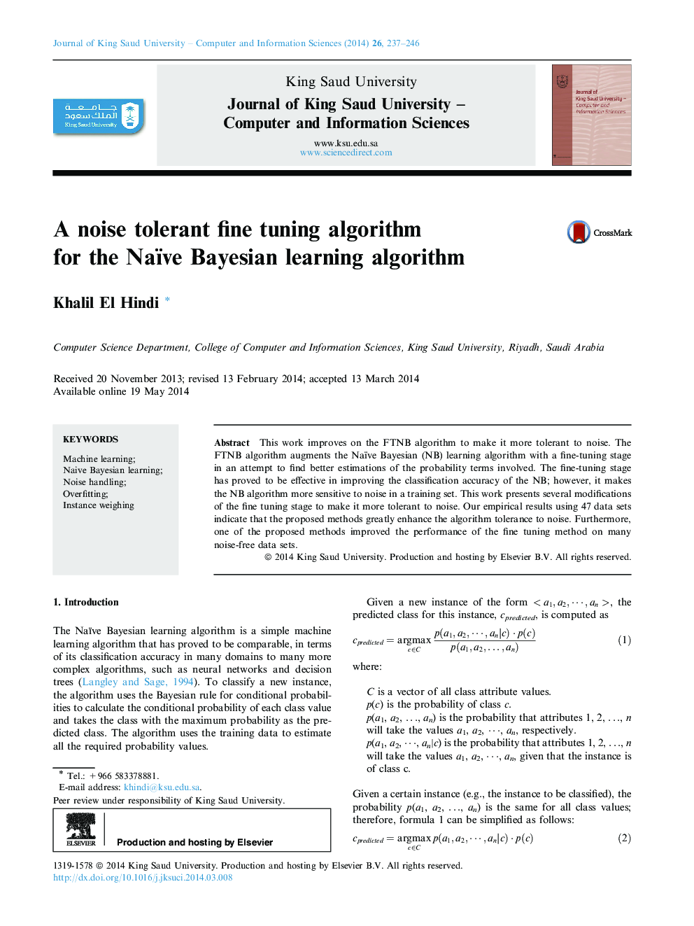 A noise tolerant fine tuning algorithm for the Naïve Bayesian learning algorithm 