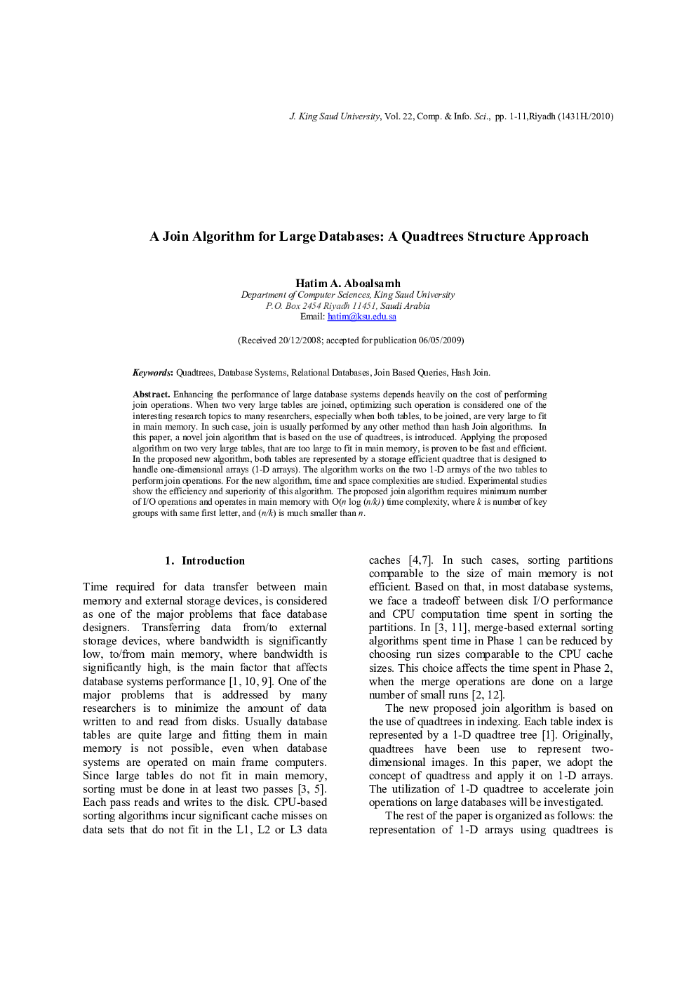 A Join Algorithm for Large Databases: A Quadtrees Structure Approach