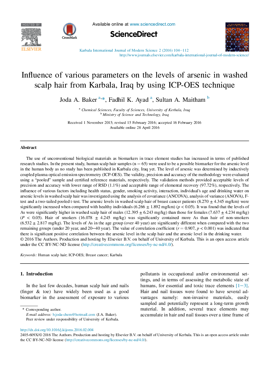 Influence of various parameters on the levels of arsenic in washed scalp hair from Karbala, Iraq by using ICP-OES technique 