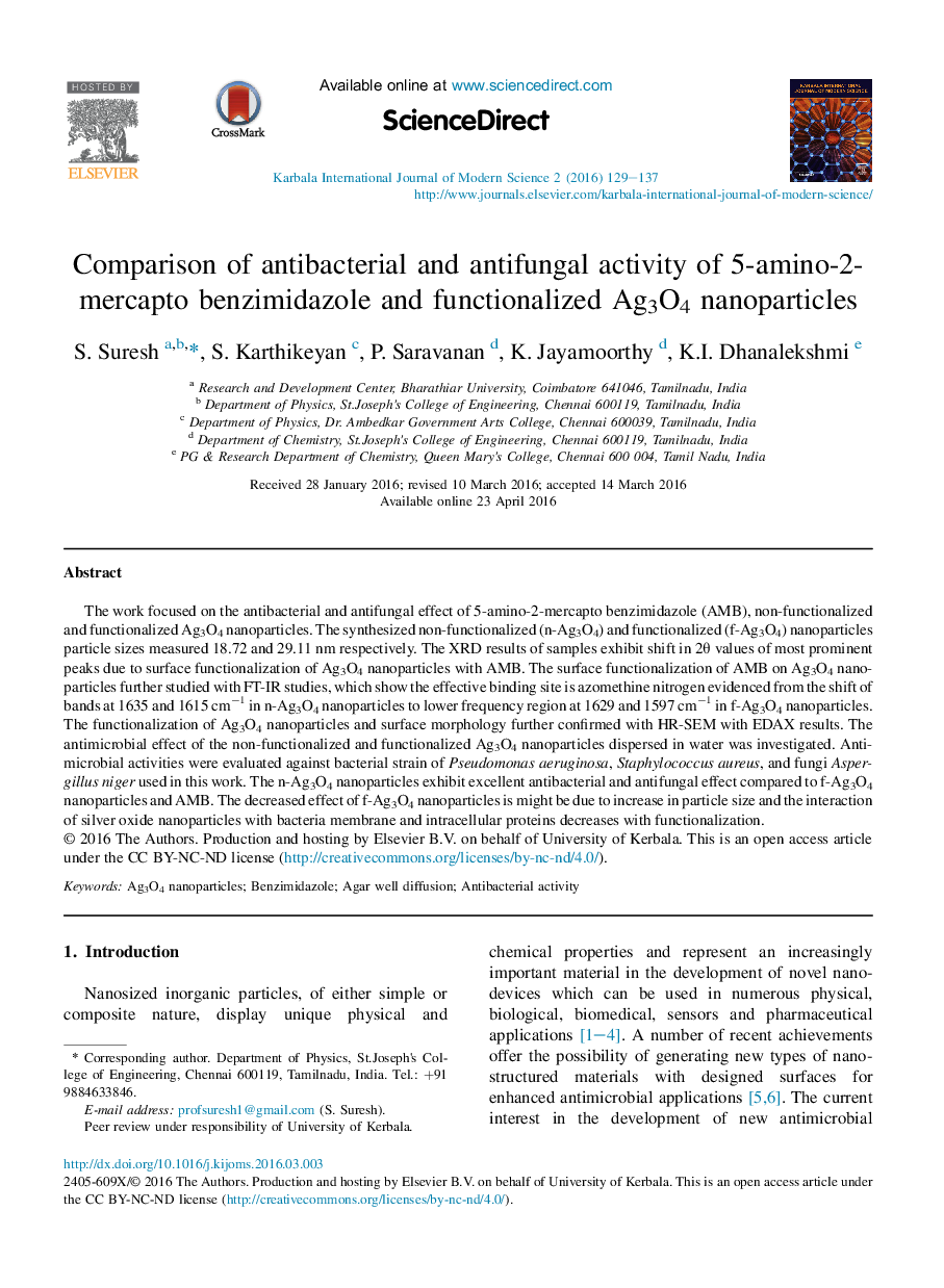 Comparison of antibacterial and antifungal activity of 5-amino-2-mercapto benzimidazole and functionalized Ag3O4 nanoparticles 