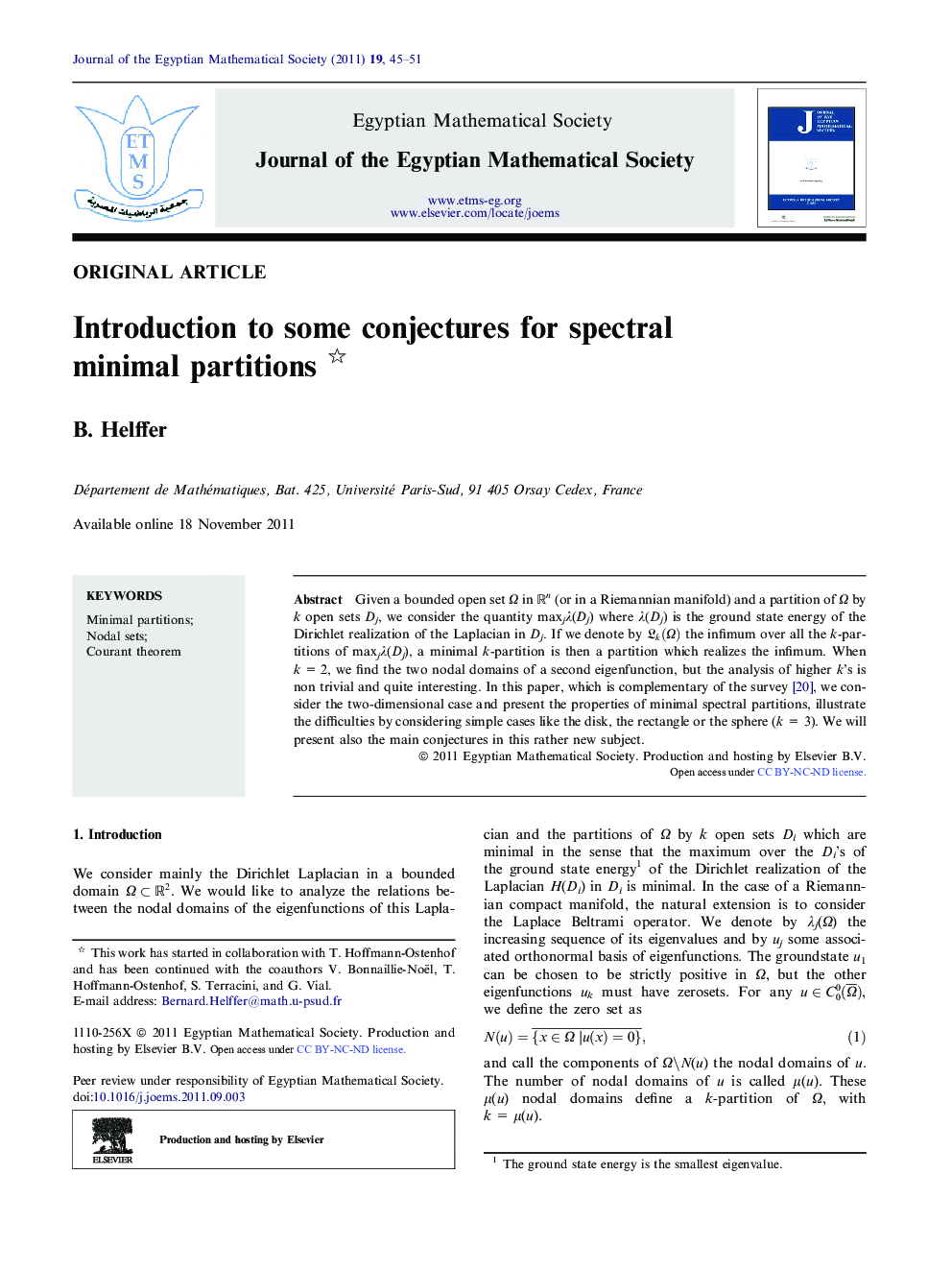 Introduction to some conjectures for spectral minimal partitions 