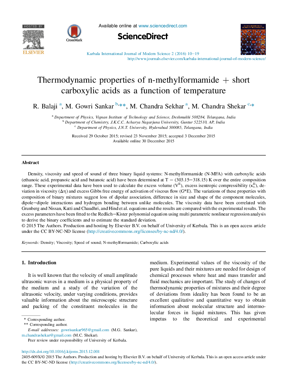 Thermodynamic properties of n-methylformamide + short carboxylic acids as a function of temperature 