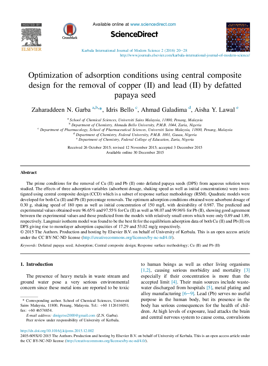 Optimization of adsorption conditions using central composite design for the removal of copper (II) and lead (II) by defatted papaya seed 