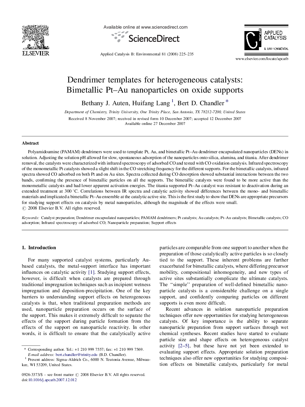 Dendrimer templates for heterogeneous catalysts: Bimetallic Pt–Au nanoparticles on oxide supports