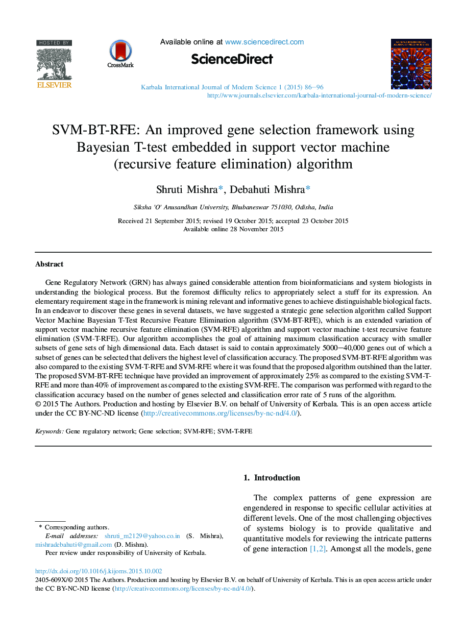 SVM-BT-RFE: An improved gene selection framework using Bayesian T-test embedded in support vector machine (recursive feature elimination) algorithm 