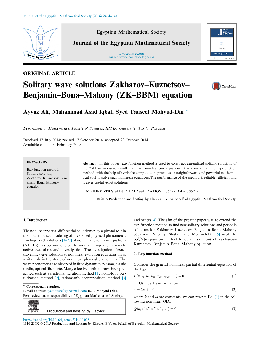 Solitary wave solutions Zakharov–Kuznetsov–Benjamin–Bona–Mahony (ZK–BBM) equation 