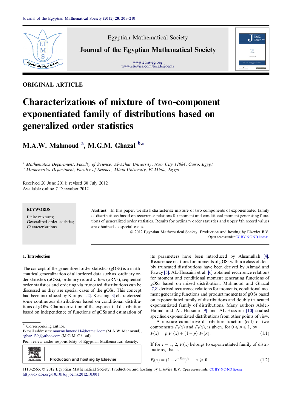 Characterizations of mixture of two-component exponentiated family of distributions based on generalized order statistics 