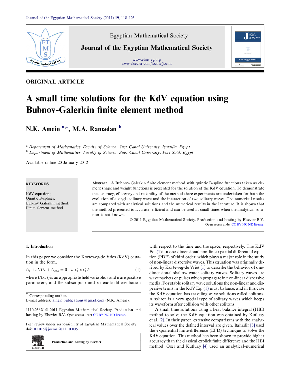 A small time solutions for the KdV equation using Bubnov-Galerkin finite element method