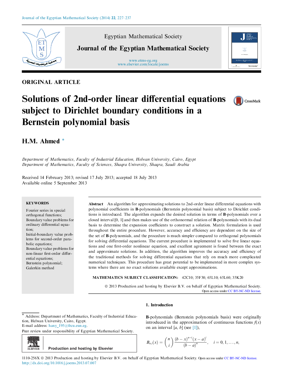 Solutions of 2nd-order linear differential equations subject to Dirichlet boundary conditions in a Bernstein polynomial basis 