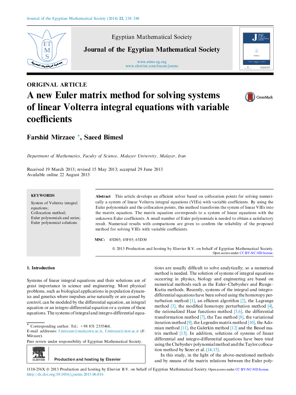 A new Euler matrix method for solving systems of linear Volterra integral equations with variable coefficients 