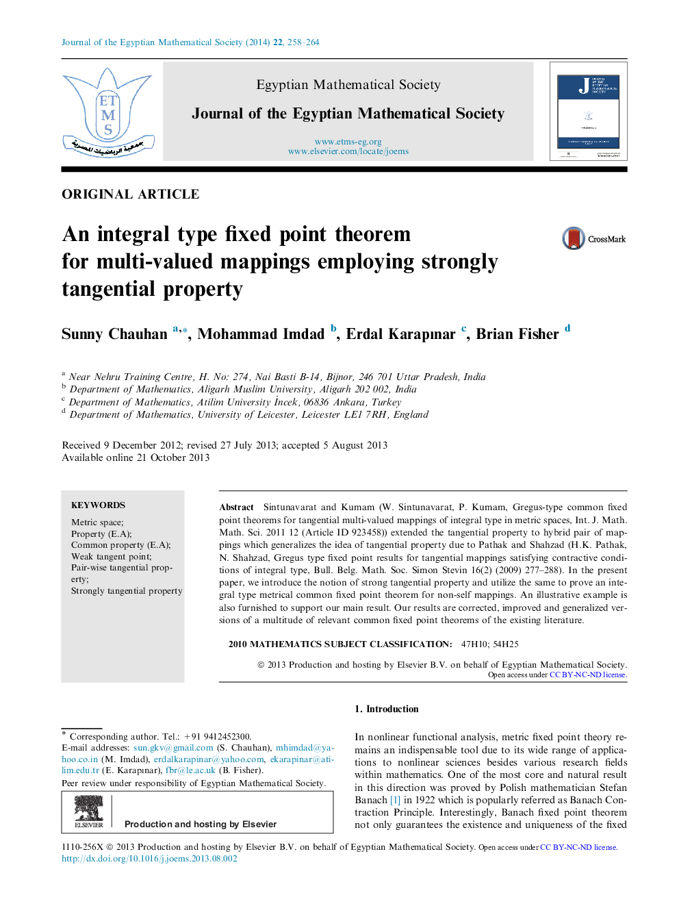 An integral type fixed point theorem for multi-valued mappings employing strongly tangential property 