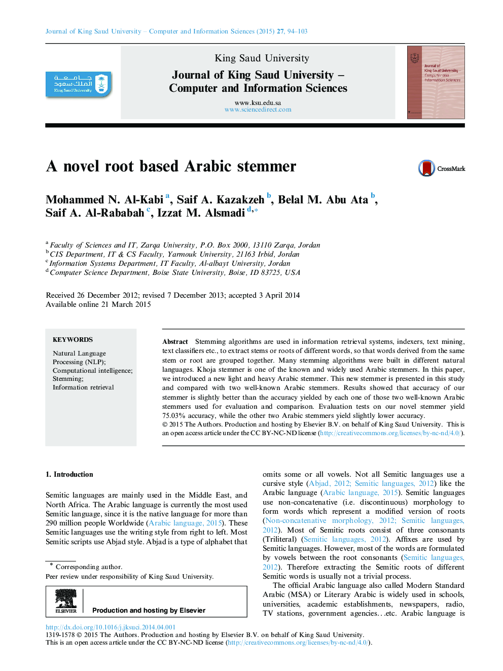 A novel root based Arabic stemmer 