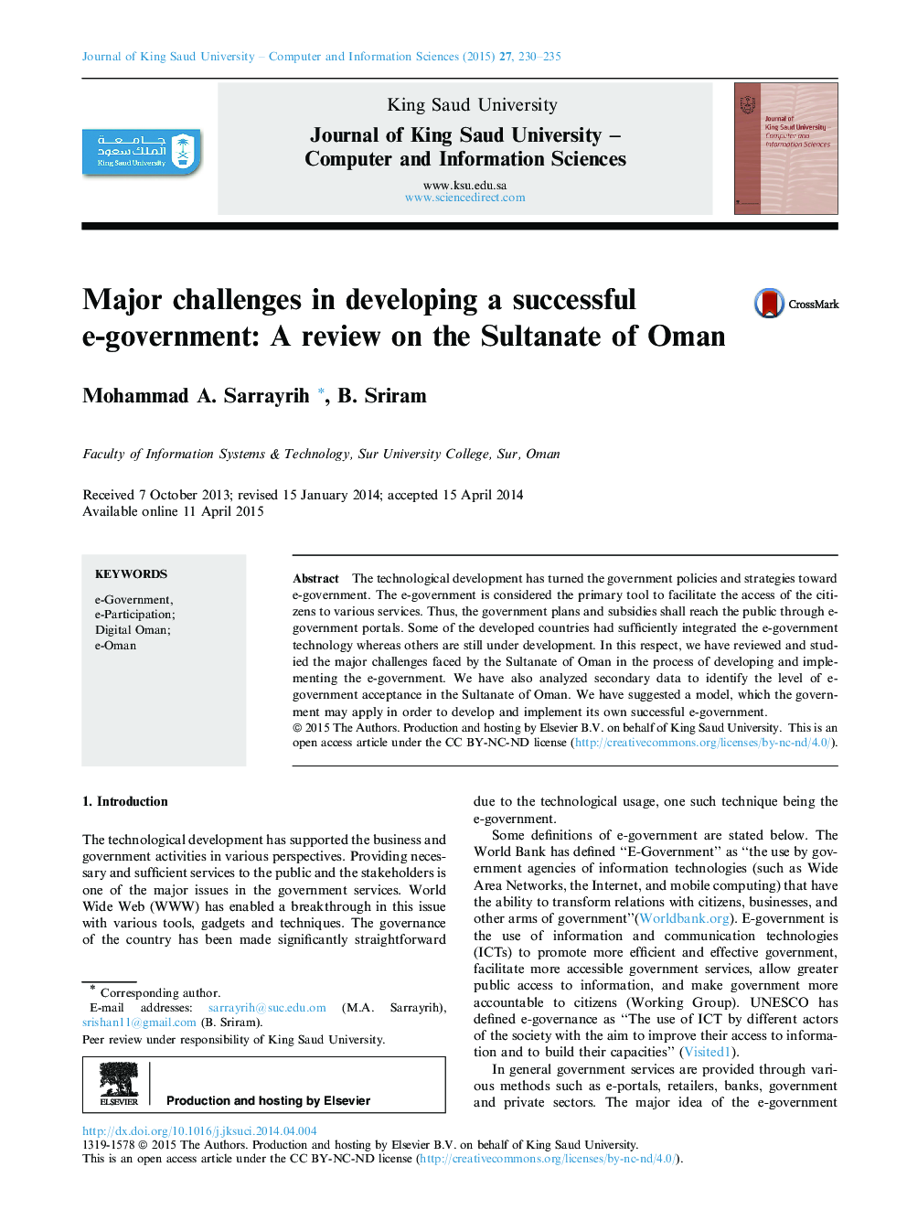 Major challenges in developing a successful e-government: A review on the Sultanate of Oman 