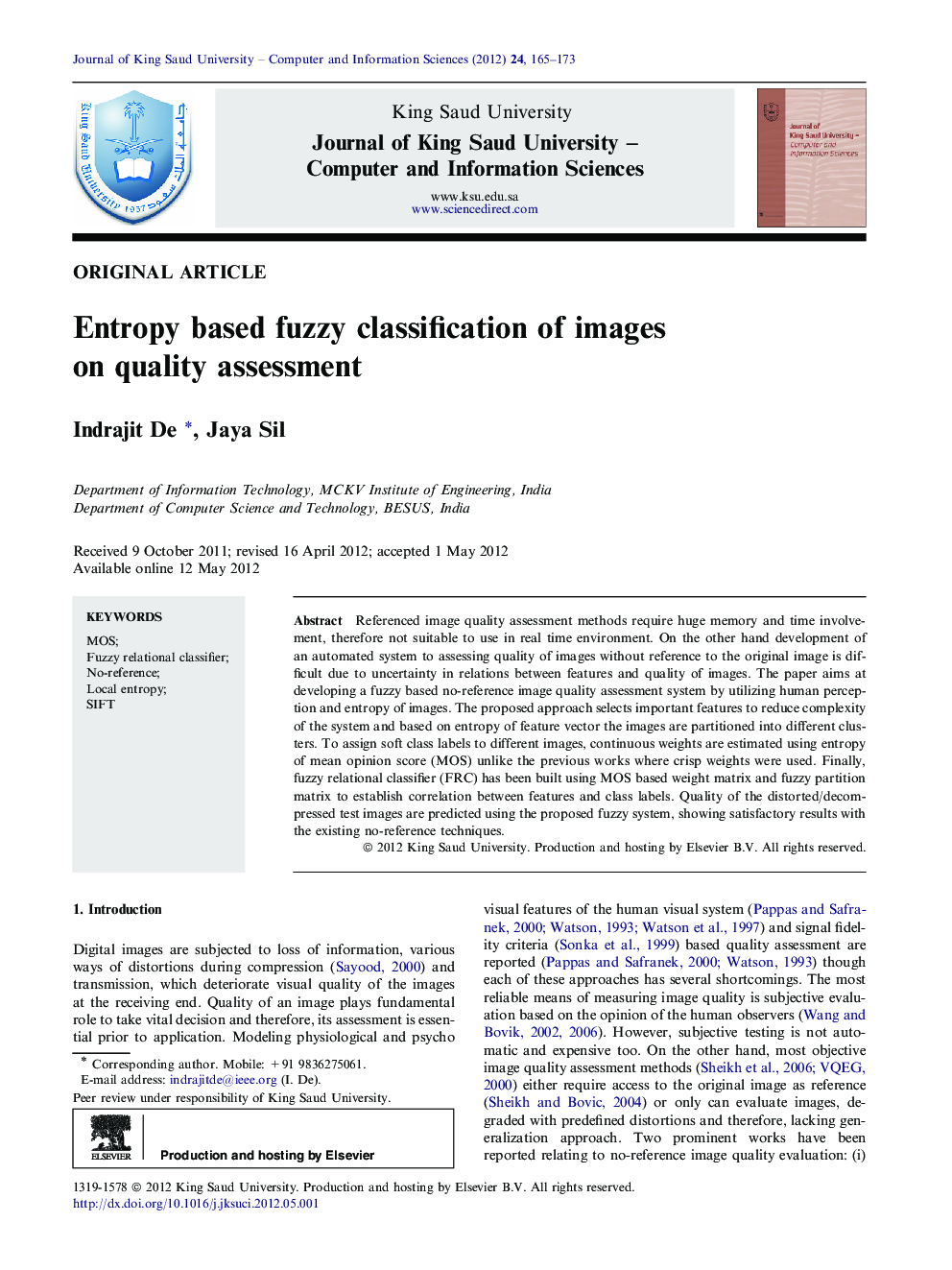 Entropy based fuzzy classification of images on quality assessment 