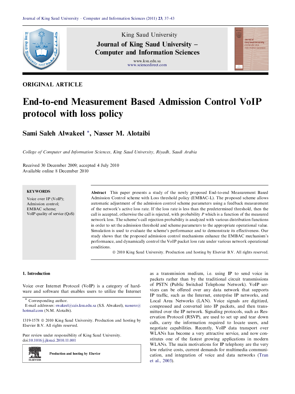 End-to-end Measurement Based Admission Control VoIP protocol with loss policy