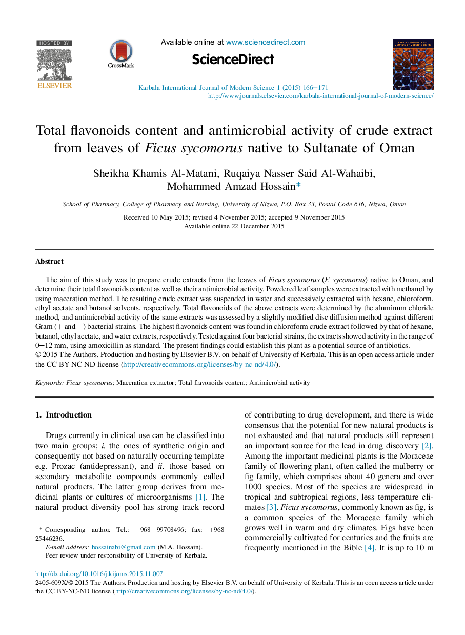 Total flavonoids content and antimicrobial activity of crude extract from leaves of Ficus sycomorus native to Sultanate of Oman 