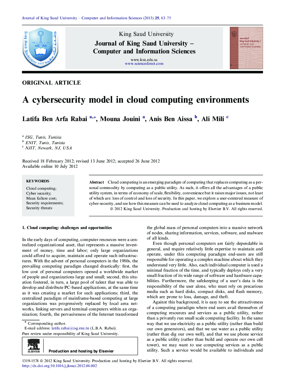 A cybersecurity model in cloud computing environments 