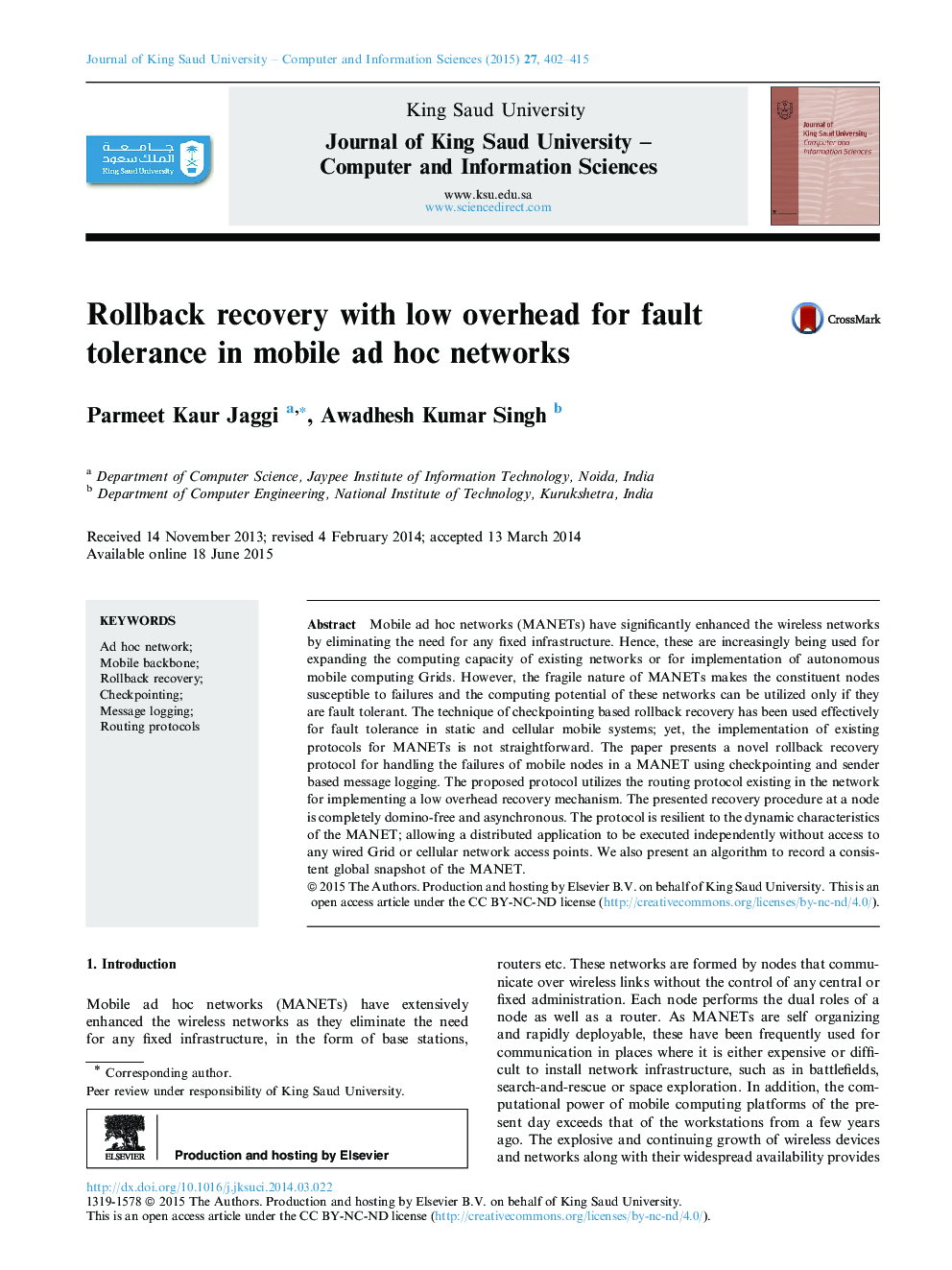 Rollback recovery with low overhead for fault tolerance in mobile ad hoc networks 