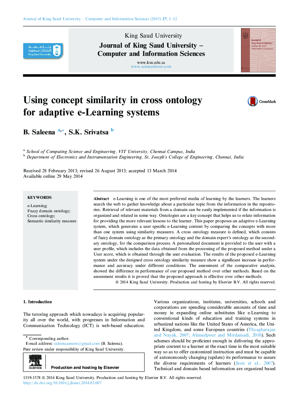 Using concept similarity in cross ontology for adaptive e-Learning systems 