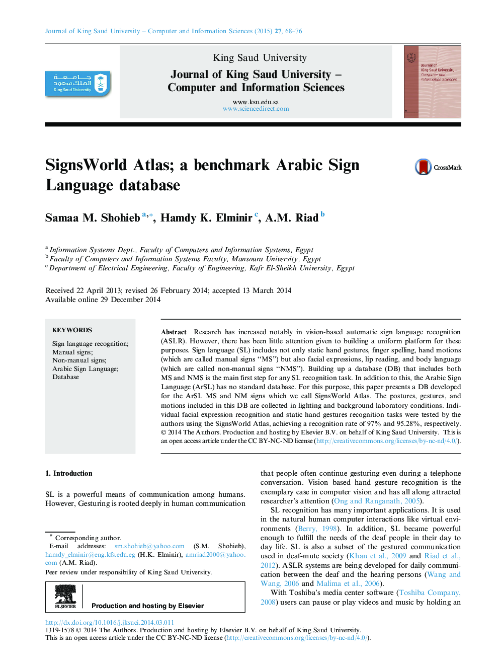 SignsWorld Atlas; a benchmark Arabic Sign Language database 