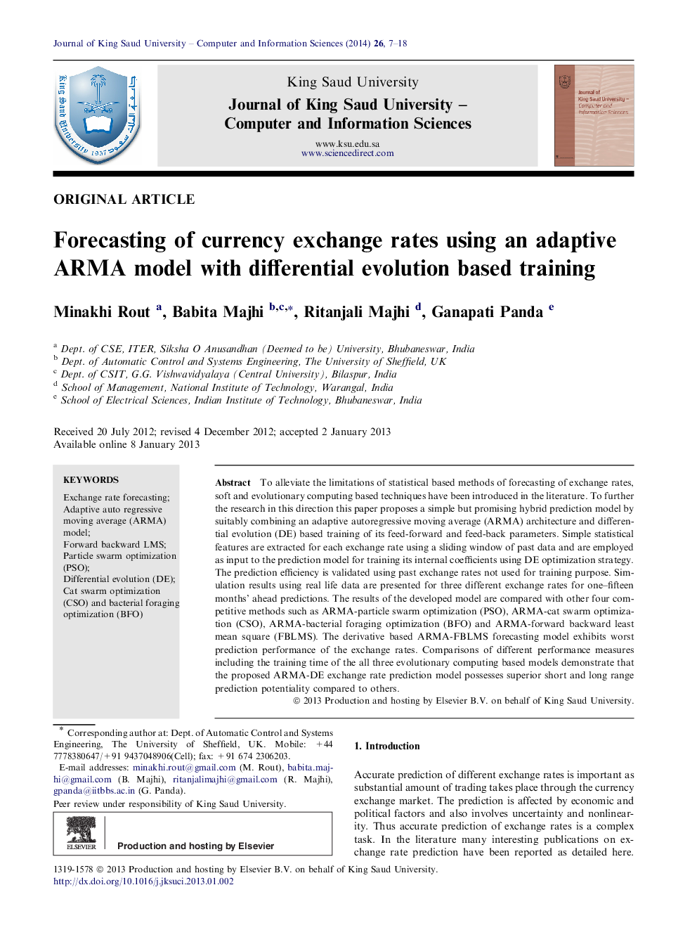 Forecasting of currency exchange rates using an adaptive ARMA model with differential evolution based training 