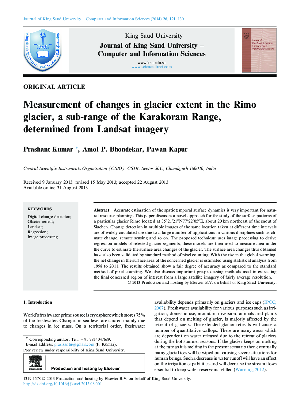 Measurement of changes in glacier extent in the Rimo glacier, a sub-range of the Karakoram Range, determined from Landsat imagery 