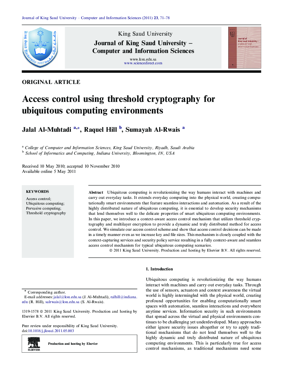 Access control using threshold cryptography for ubiquitous computing environments