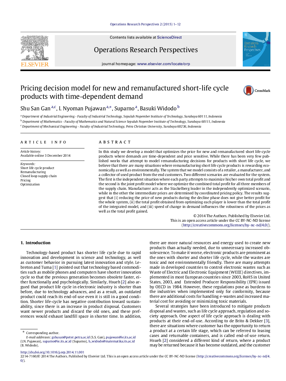 مدل تصمیم گیری قیمت گذاری برای محصولات چرخه کوتاه مدت و بازسازی شده با تقاضای وابسته به زمان 