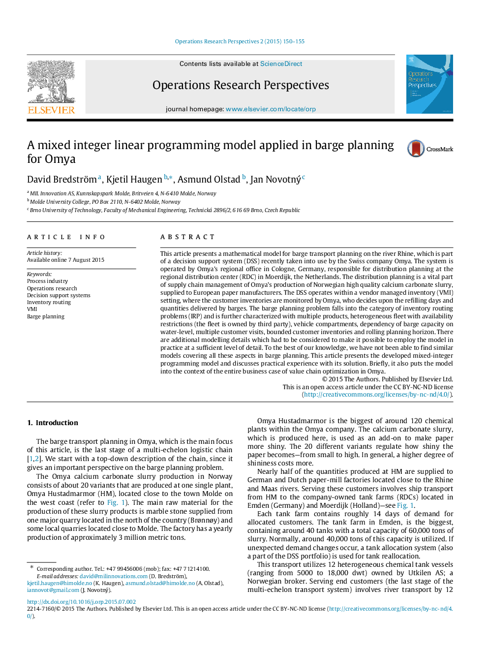 A mixed integer linear programming model applied in barge planning for Omya