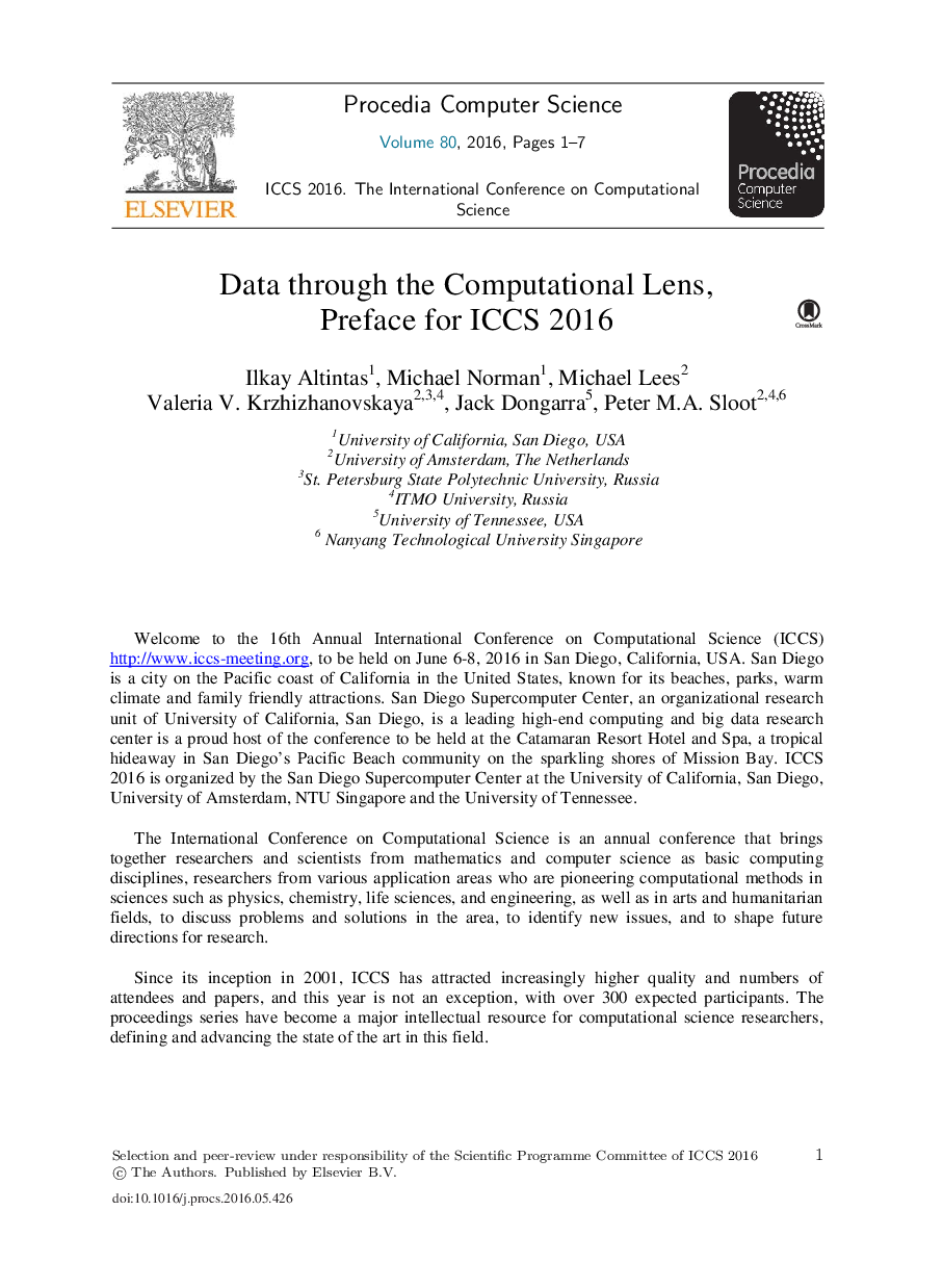 Data through the Computational Lens, Preface for ICCS 2016