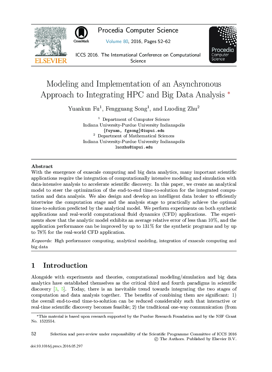 Modeling and Implementation of an Asynchronous Approach to Integrating HPC and Big Data Analysis1 