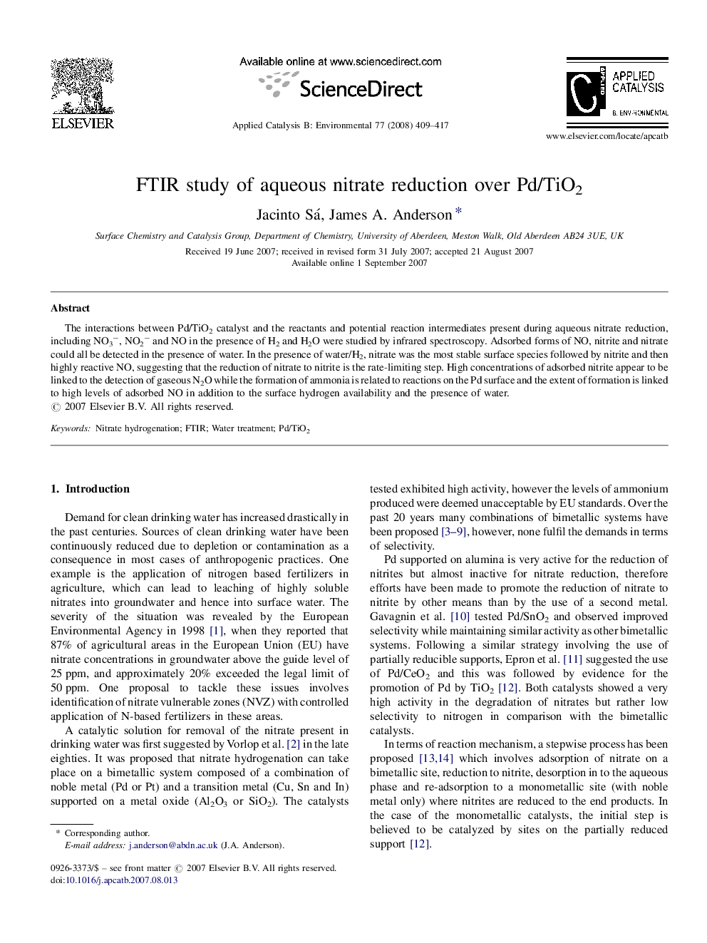 FTIR study of aqueous nitrate reduction over Pd/TiO2