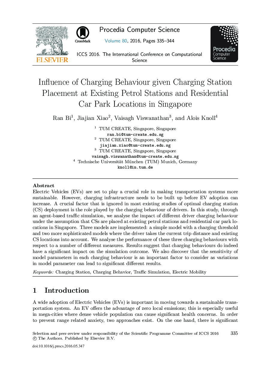 Influence of Charging Behaviour Given Charging Station Placement at Existing Petrol Stations and Residential Car Park Locations in Singapore 