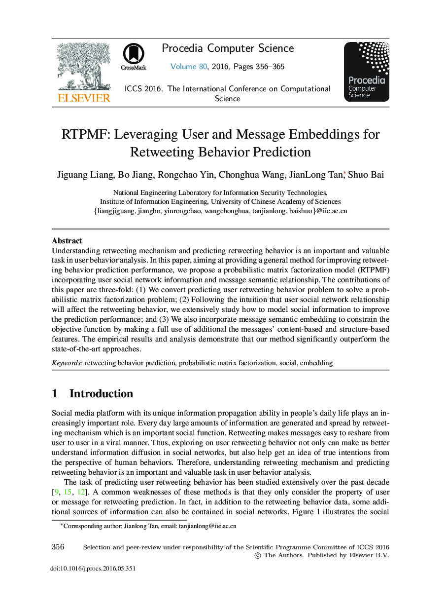 RTPMF: Leveraging User and Message Embeddings for Retweeting Behavior Prediction 