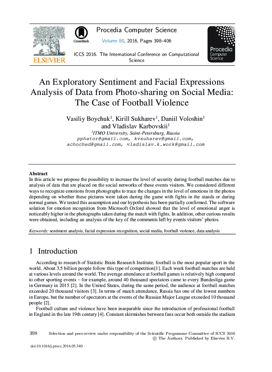 احساسات اکتشافی و عبارات صورت تجزیه و تحلیل داده ها از اشتراک عکس بر رسانه های اجتماعی: مورد خشونت فوتبال 