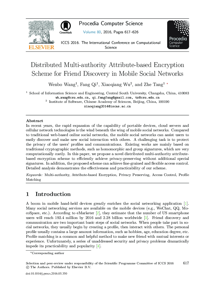 Distributed Multi-authority Attribute-based Encryption Scheme for Friend Discovery in Mobile Social Networks 